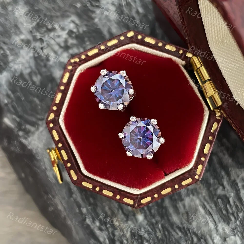 NEW Certified 2ct. Imperial Purple Moissanite 6 Prone Solitaire Stud Earrings